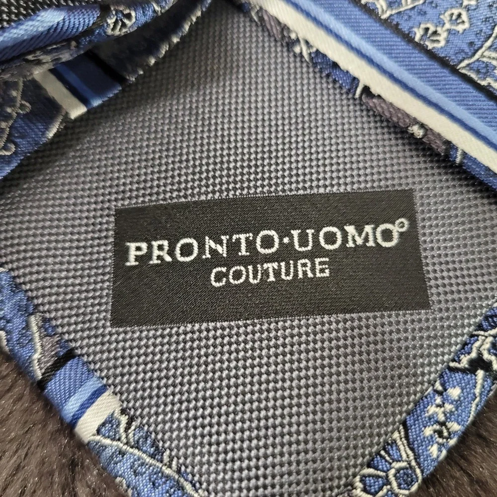 Pronto Uomo Couture Mens Blue Grey Paisley Striped 100% Silk Hand Made Necktie